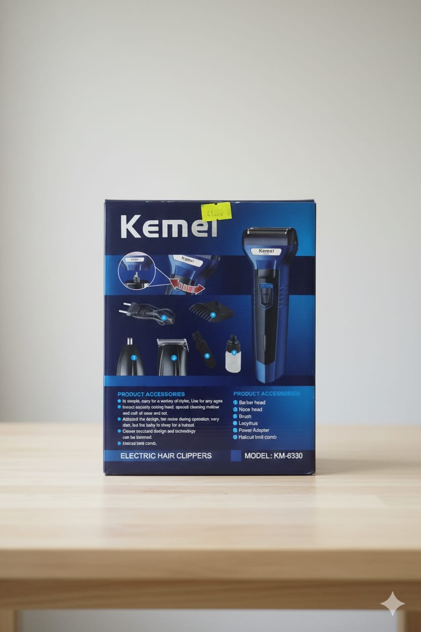 Kemei electric hair clippers packaging on a light gray background