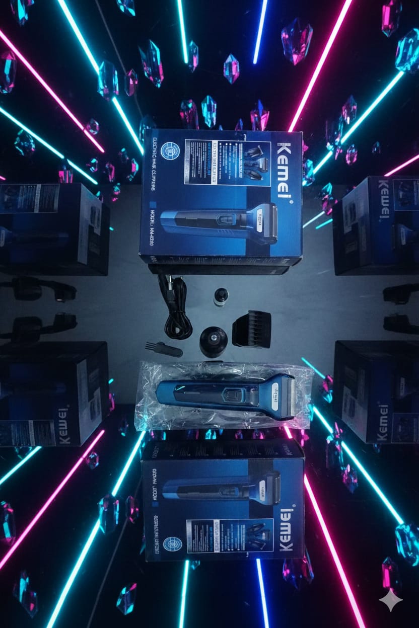 Kemei electric shaver set with packaging on a reflective surface with neon lights
