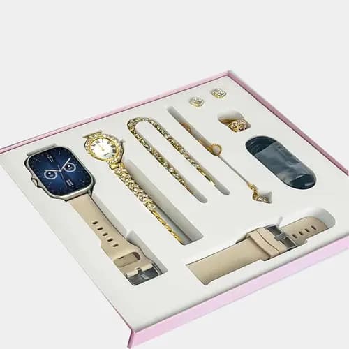 Smart watch + Ladies Watch + Bracelet + Necklace + Earing And Ring Complete Ladies Gift Pack