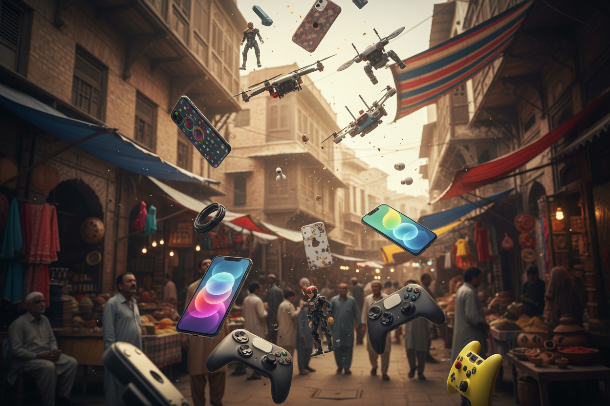 create a small video of lots of modern toys and mobile accessories falling from sky in a continuous loop and background is the old traditional bazar