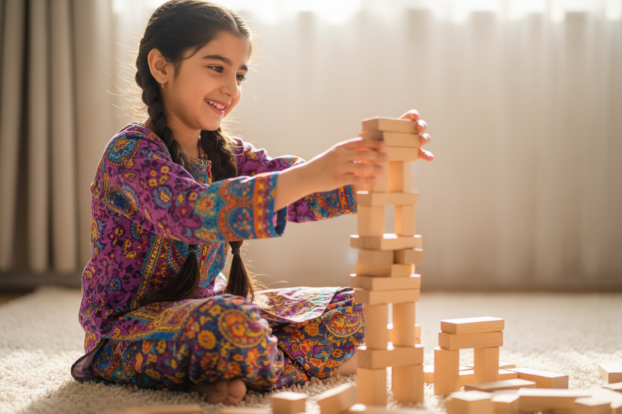 create multiple images with pakistani kids playing with different toys with ligh background