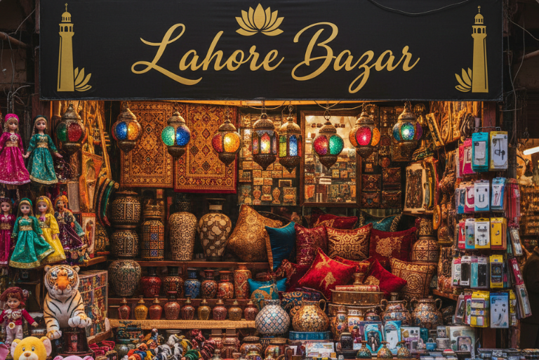 generate a header image with Lahore bazar theme with los of toys home decoration mobile accessories and other stuff