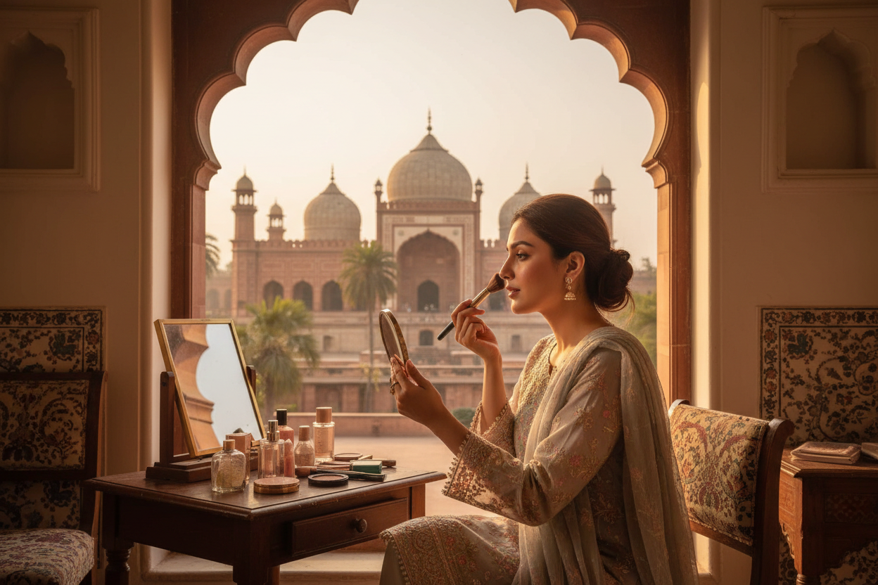image of pakistani house wife applying cosmetic products near a window and you can see lahore badshahi mosque in the window