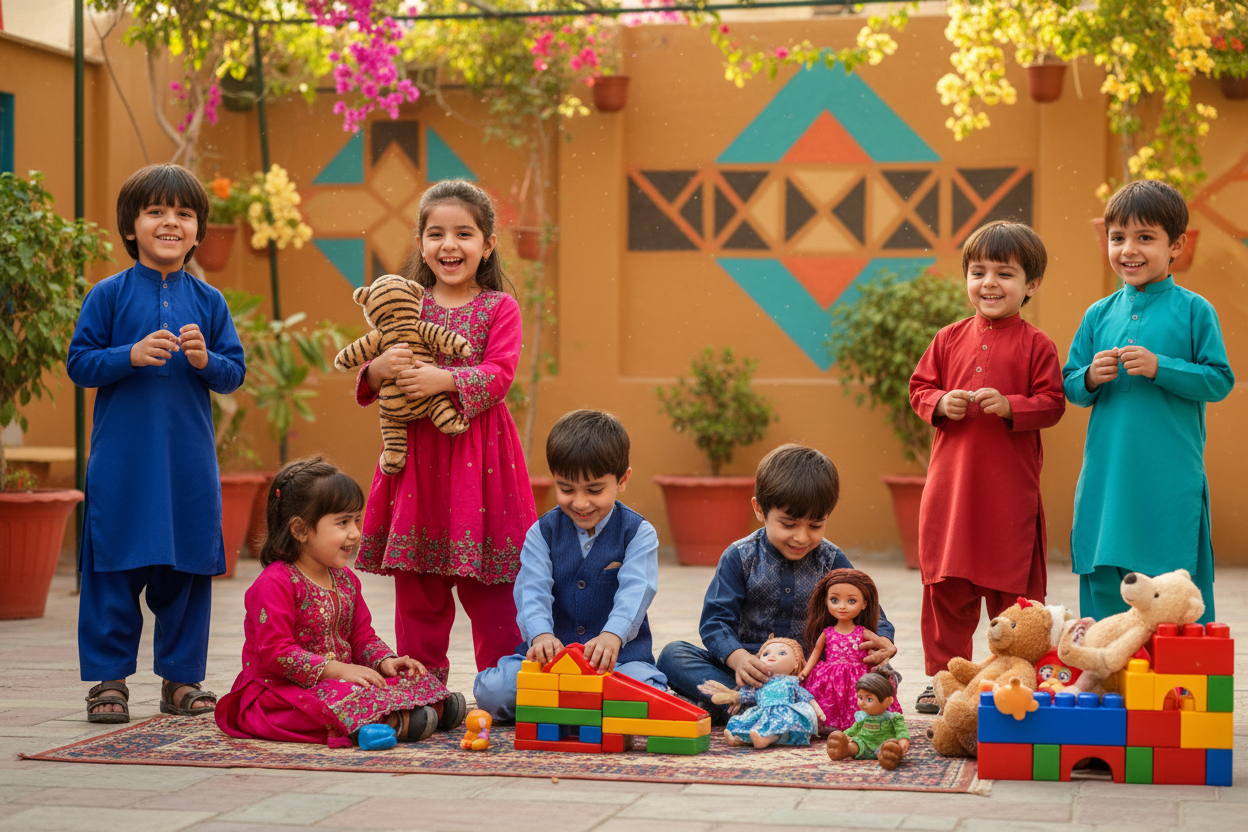 Pakistani kids playing with toys